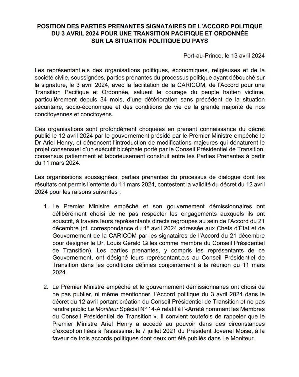 claudejoseph03's tweet photo. POSITION DES PARTIES PRENANTES SIGNATAIRES DE L'ACCORD POLITIQUE
DU 3 AVRIL 2024 POUR UNE TRANSITION PACIFIQUE ET ORDONNÉE SUR LA SITUATION POLITIQUE DU PAYS https://t.co/JYq4jWtZ5E