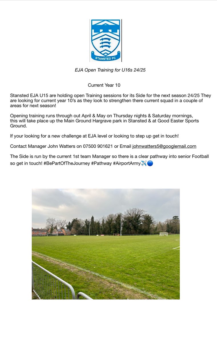 U16 EJA trials continue for next season 24/25, good response so far, but still time to register an interest and come to a session, clear pathway to senior football as the team is run by current 1st team manager get in touch! 🔵✈️