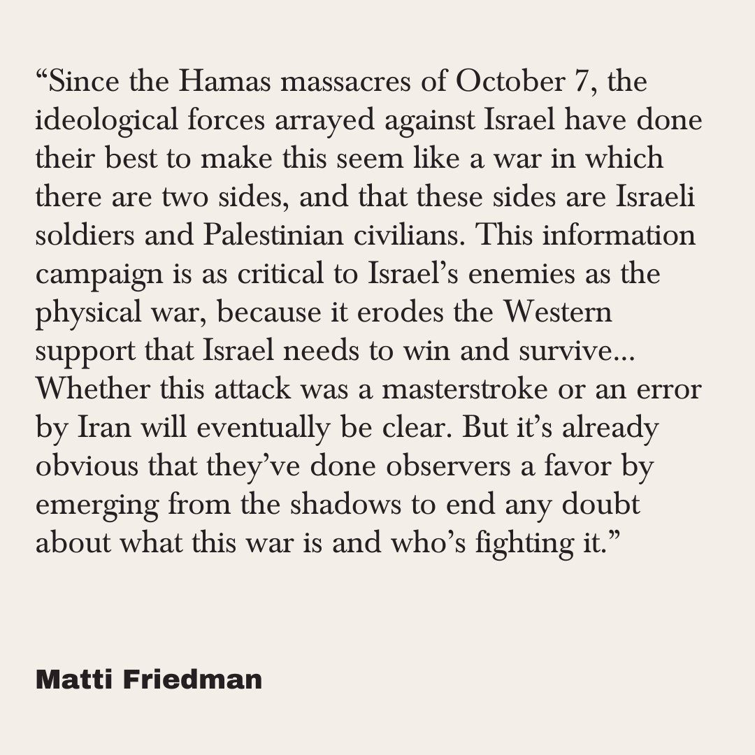 “They’ve done observers a favor by emerging from the shadows to end any doubt about what this war is and who’s fighting it.” @MattiFriedman reports on Iran's attack on Israel. thefp.pub/3JiYRzO