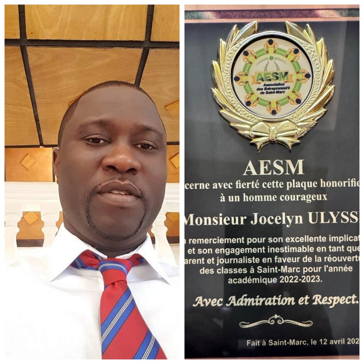 RomuloDesinor's tweet photo. L'Association des Entrepreneurs de St-Marc (AESM) a honoré le journaliste Jocelyn ULYSSE, ce vend 12 avril, pour son implication et son engagement en faveur de la réouverture des classes pour l'année académique 2022/2023. M. Jocelyn Ulysse est PDG de la Radio Latibonit FM 91.1. https://t.co/FxhCuofK7y