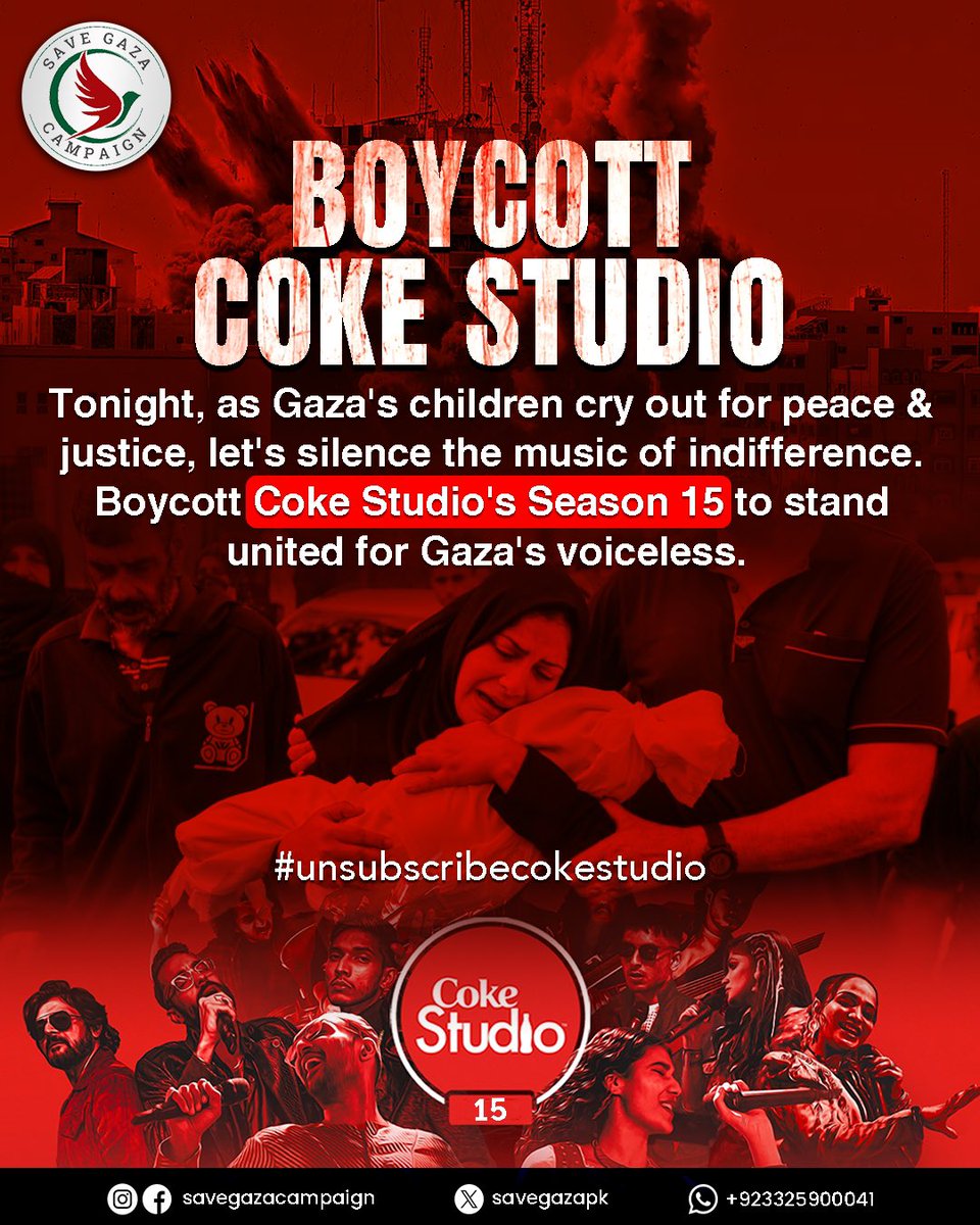 Tonight, despite the tragedy of Gaza's oppressed children facing hunger and bombing, Coke Studio Pakistan is launching 15th season. Join us to boycott Coke Studio, symbolizing solidarity with Gaza's suffering. Let's amplify their voices #UnsubscribeCokeStudio #SolidarityWithGaza