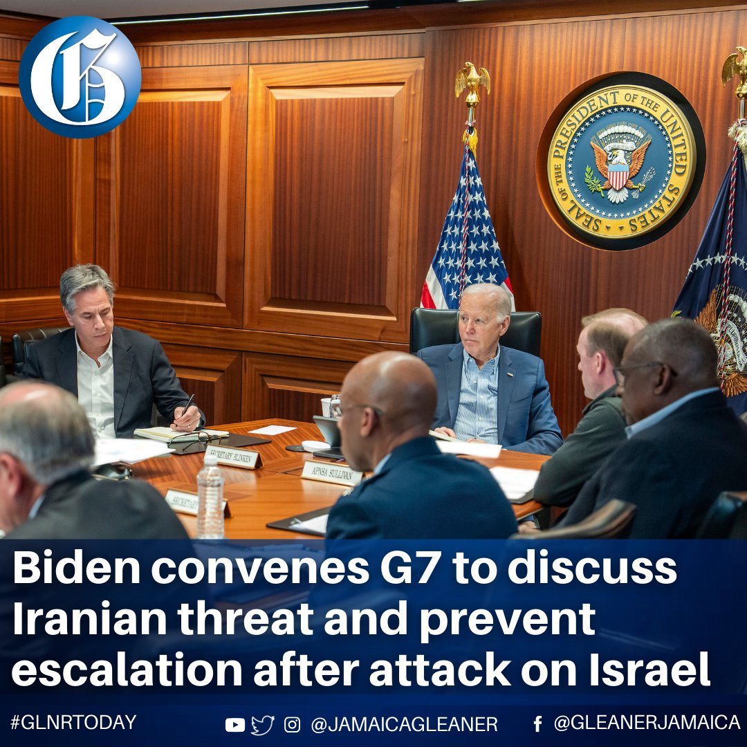 President Joe Biden convened the Group of Seven advanced democracies on Sunday to coordinate a rebuke to Iran for its unprecedented and largely unsuccessful aerial attack on Israel and to prevent a wider regional escalation. Read more: jamaica-gleaner.com/article/world-… #GLNRToday