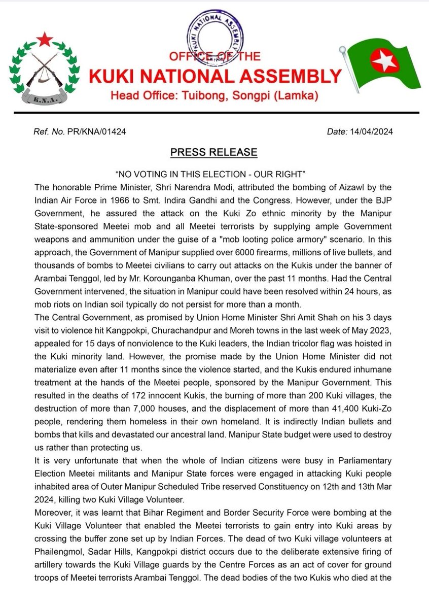 wkzic's tweet photo. WKZIC fully endorse and support Kuki National Assembly in its decision.

We the Zo ethnic Kuki tribals express our dissatisfaction over our Indian leaderhip who has not done anything to ease our suffering till now and to whom our death and suffering remain inconsequential. https://t.co/gTQwOqYMwR