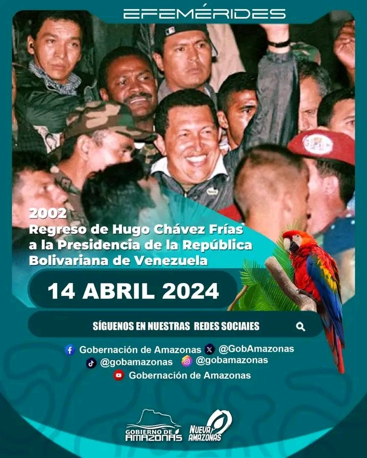 #EnImagenes | Efemérides del día

🕰 (2002) Regreso de Hugo Rafael Chávez Frías a la Presidencia de la
República Bolivariana de Venezuela. Después de haber pasado 48
horas detenido en la base naval en La Orchila

#LaNuevaAmazonas
#AvanzaIndetenible
#DaleConMaduro