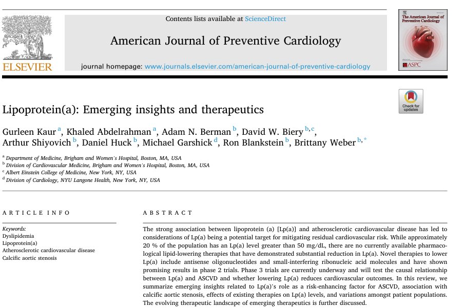 Excited to share our review article on Lp(a): Emerging Insights & Therapeutics in @AJPCardio Thanks to mentors & co-authors @Bweber04 @RonBlankstein @garshick @adambermanmd 🔗sciencedirect.com/science/articl…