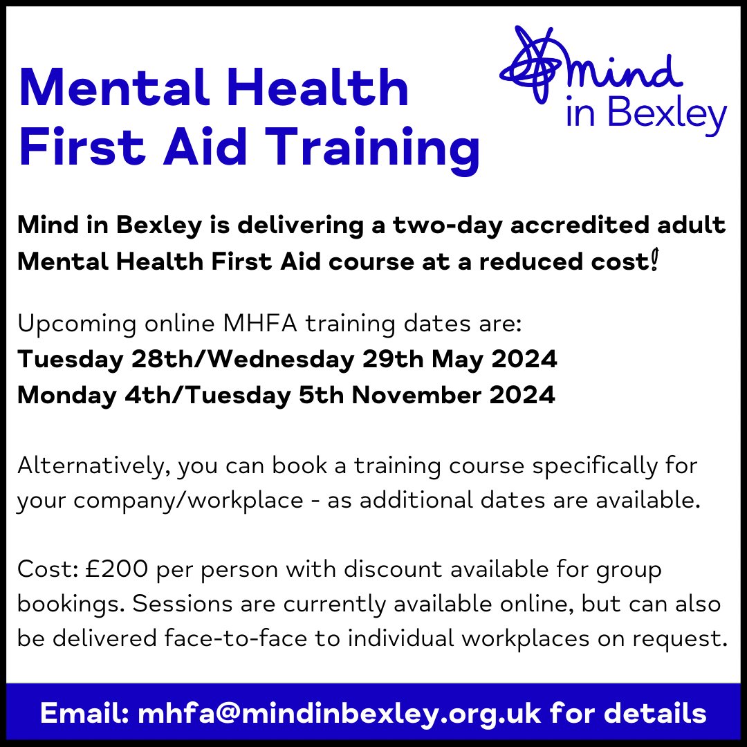 Would you like to sign up for our Mental Health First Aid course, at a reduced cost? We have slots available on Tuesday/Wednesday 28/29th of May. Please email: mhfa@mindinbexley.org.uk Cost: £200 per person with discount available for group bookings. #bexley #mentalhealth #mhfa