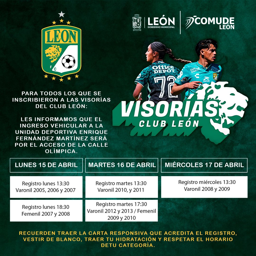 clubleonfc's tweet photo. ¡MUCHA ATENCIÓN! 👀

Si te inscribiste para estar presente en nuestras visorias oficiales, ten en cuenta esta importante información.

Mañana nos vemos en @ComudeLeon Unidad Deportiva Enrique Fernández Martínez. https://t.co/8BZW7wFxBo