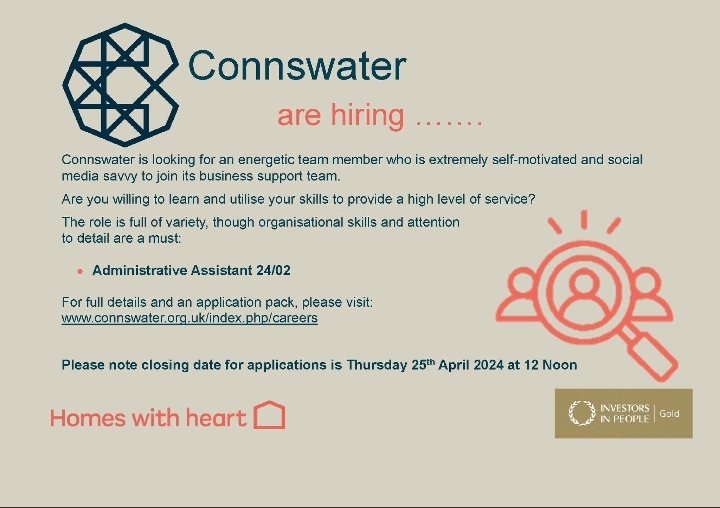 ConnswaterHomes's tweet photo. JOB ALERT: we're recruiting for an ADMIN ASSISTANT - could it be you? ✳️  £23,824-£26,043
✳️  NILGOSC pension, BUPA healthcare, generous annual leave
✳️  Connswater holds Invest in People GOLD status
APPLY by Thursday 25 April 2024! #jobfairy
https://t.co/4ybeTWv63g https://t.co/h5Wh9HggoO