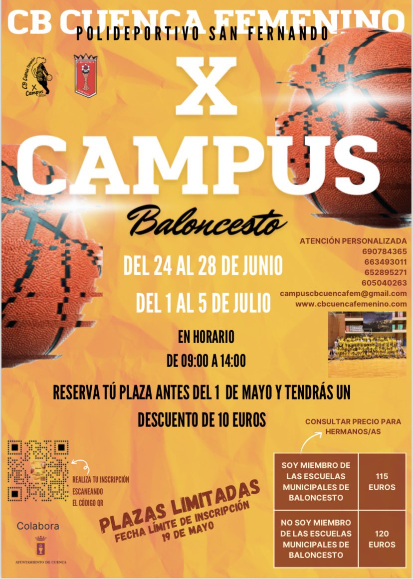 CBCuencaFemenin's tweet photo. 🔜🏀 𝐄𝐥 𝐗 𝐂𝐚𝐦𝐩𝐮𝐬 𝐲𝐚 𝐞𝐬𝐭𝐚́ 𝐚𝐪𝐮𝐢́.

¡Vuelve nuestro Campus de verano con más ganas que nunca! No esperes más y reserva tu plaza antes del 1 de mayo para tener un descuento de 10€.

¡Plazas limitadas! Tenéis hasta el 19 de mayo para inscribiros. 

¡Os esperamos! https://t.co/TnaAfWlPxI