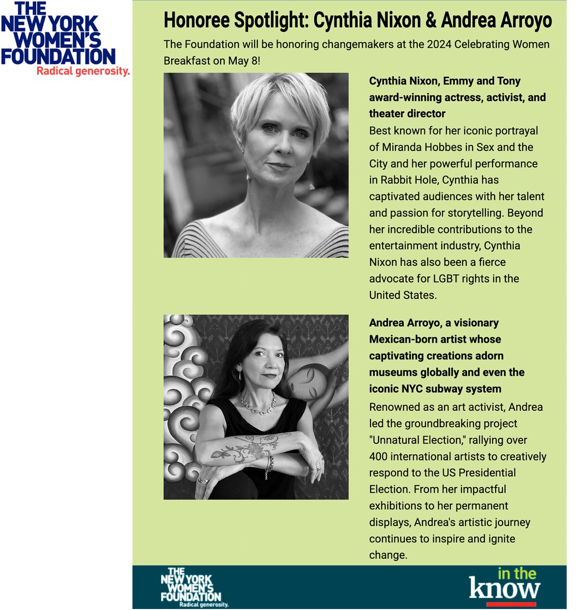 #Honoree Spotlight: @CynthiaNixon & @AndreaArroyoArt  Honored to be recognized by @NYWomensFdn @ the #CelebrateWomen Breakfast, May 8, INFO: give.nywf.org/.../2024-celeb… #radicalgenerosity @nywomensfd
@fondationchanel @nyliberty
#AndreaArroyoArt #ArtAsSolidarity @ArtsCRNY #ArtMatters