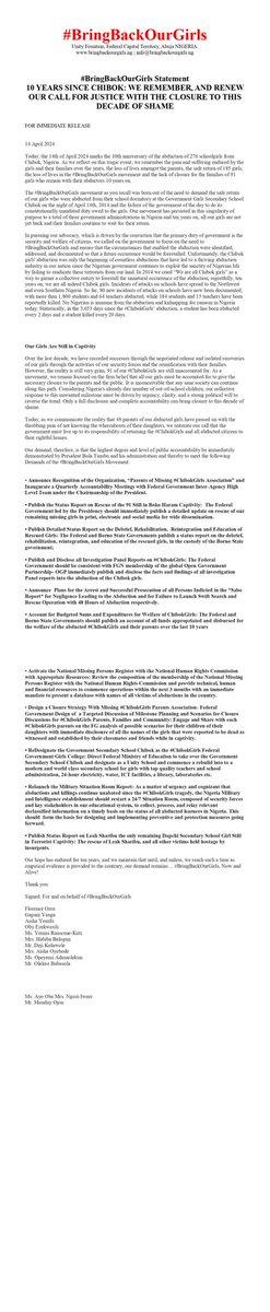 PRESS RELEASE #BringBackOurGirls Statement: 10 YEARS SINCE CHIBOK: WE REMEMBER, AND RENEW OUR CALL FOR JUSTICE WITH THE CLOSURE TO THIS DECADE OF SHAME. Cc: @NigeriaGov @officialABAT