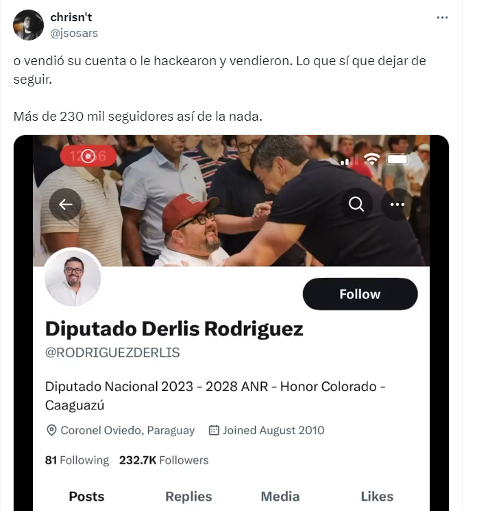 EPInoticias's tweet photo. Usuarios de Twitter comentan que el comunicador Jorge Ratti habría cedido o vendido su cuenta al diputado colorado Derlis Rodríguez

El legislador apareció de la noche a la mañana con 232.700 seguidores y al hacer la búsqueda de Ratti aparece la cuenta de Rodríguez 

Vía @jsosars https://t.co/D8FgeT9ZHo