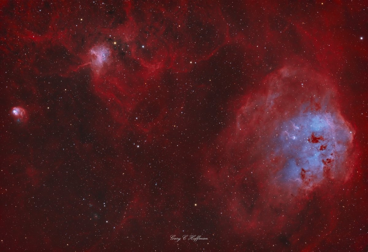 #IC410 The Tadpoles with #NGC1941 The Spider &amp; #IC417 The Fly Nebula in HOO

I found this unprocessed data on my old PC last night, not sure why I hadn't processed it before. I think it needs more OIII, but I gave it a go anyway!
#Astronomy #Astrophotography #Space #Nebula #Stars