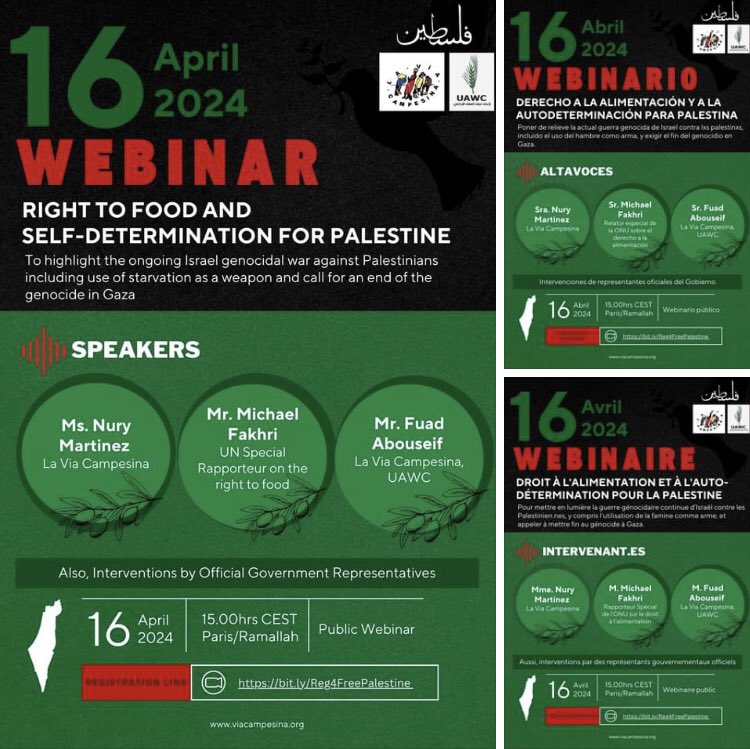 🌐 𝐏𝐔𝐁𝐋𝐈𝐂 𝐖𝐄𝐁𝐈𝐍𝐀𝐑 ⚖️ Right to Food and Self-Determination for Palestine 🇵🇸 📅 16 APRIL 2024 🕑 15:00 CEST (Paris/Ramallah) Register to join and participate in the webinar by @via_campesina : ➡️ us06web.zoom.us/webinar/regist… @hrw @amnesty @AlexisDeswaef @FranceskAlbs