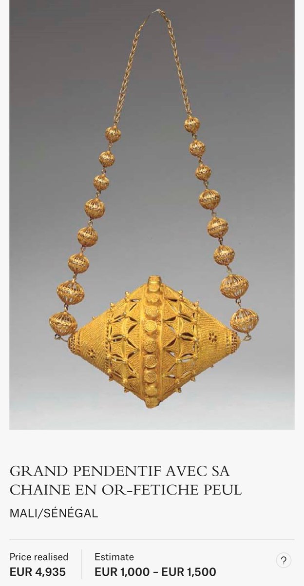 Par exemple ce collier peul à été vendu pour 4935€ (estimé à 1k/1.5k) chez Christies. Il faisait partie de la collection privée d’une femme belge et il avait été exposé dans les années 80 à Bruxelles.
( Bon après il y a des trucs moins cher c’est juste un exemple )