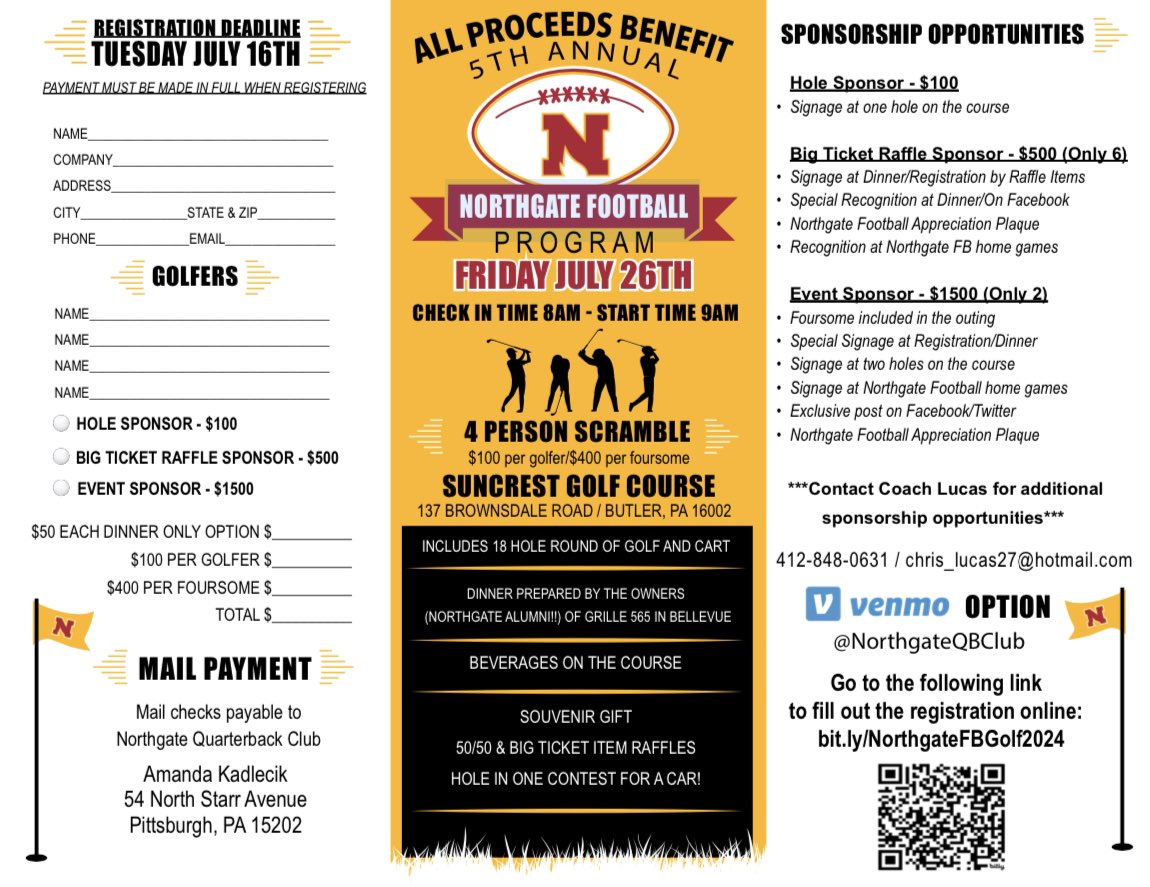 Registration for the 5th Annual Northgate Football Golf Outing is now open! Last year we SOLD OUT by the first week in June. Make sure to get your foursome in ASAP to secure your spot! A great day of golf, food (Grille 565), beverages, and prizes! bit.ly/NorthgateFBGol…