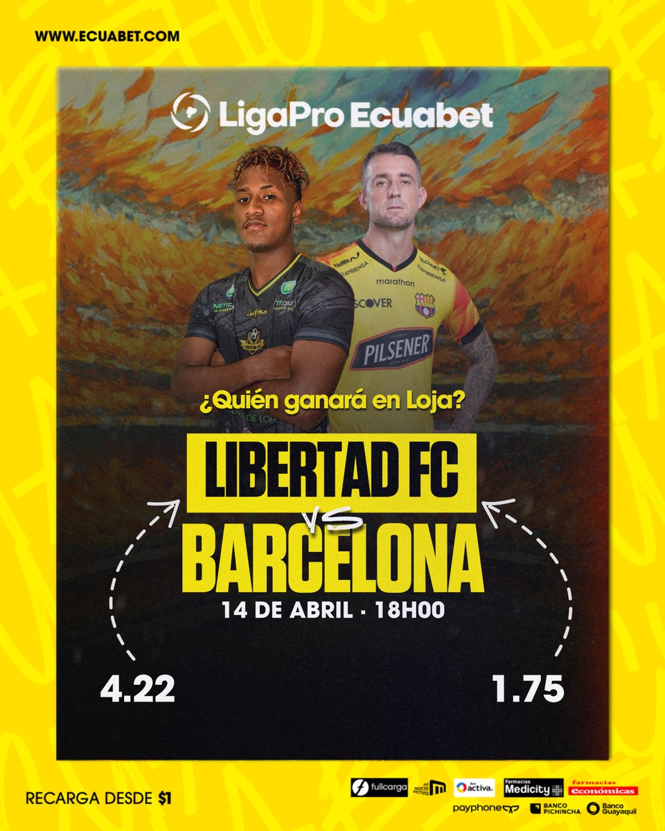 😍 𝗣𝗔𝗥𝗧𝗜𝗗𝗔𝗭𝗢 𝗘𝗡 𝗟𝗢𝗝𝗔 😍 🟠 Libertad quiere dejar de llevar el farolito en la #LigaProEcuabet y empezar a ser sorpresa 🟡 Barcelona necesita una victoria para sacarse el mal sabor dejado por la copa 👉 Regístrate y gana en ecuabet.com