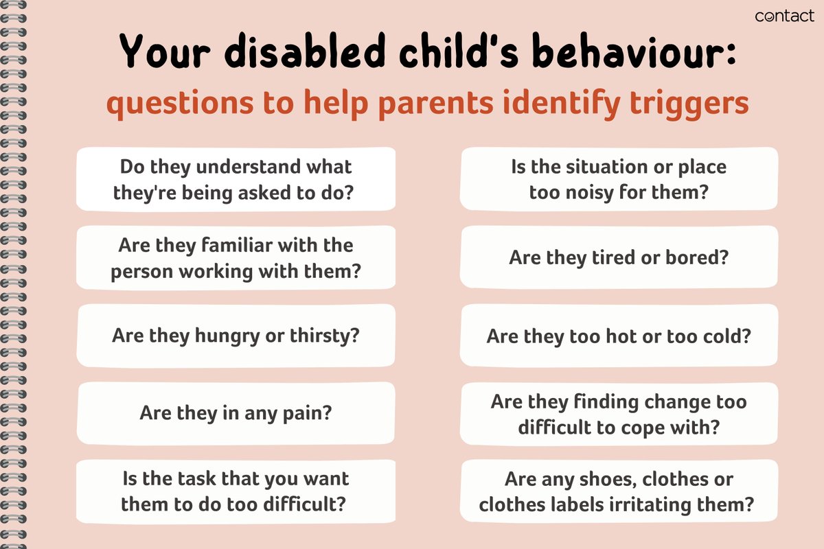 If you can't work out why your disabled child is upset, consider these questions to try to identify their triggers. It can take time to work triggers out — but it's key to finding ways to deal with them. Read our Behaviour Guide for more advice: 👉 contact.org.uk/behaviour-guide