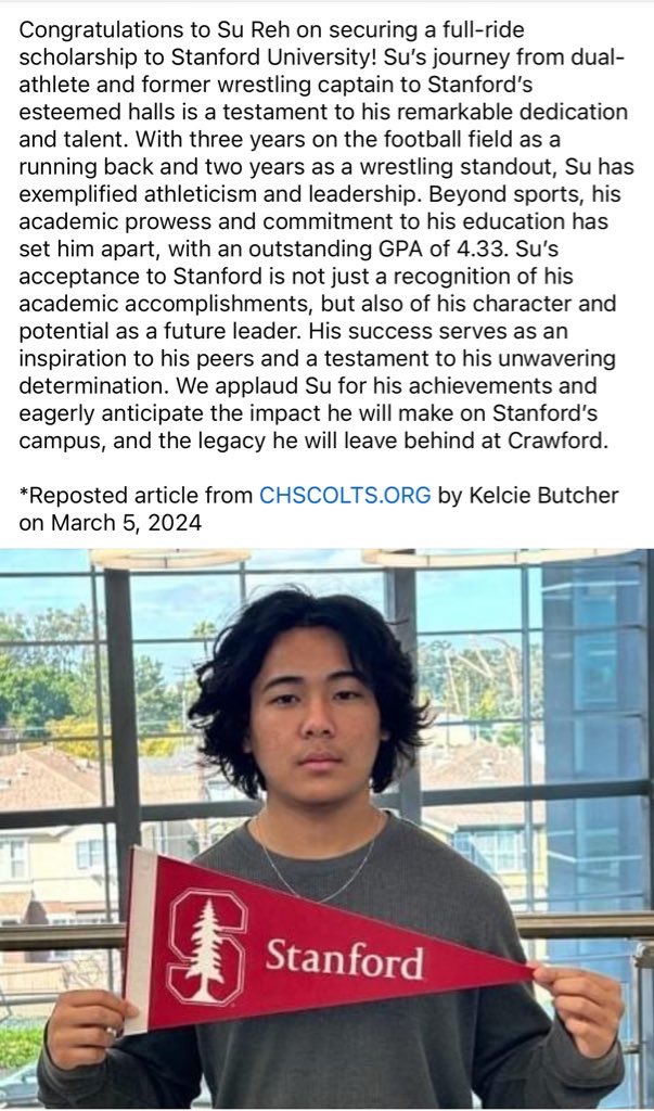 Congratulations Su, started for us all year at running back had a great year and is now headed off to Stanford in a full ride academic scholarship.