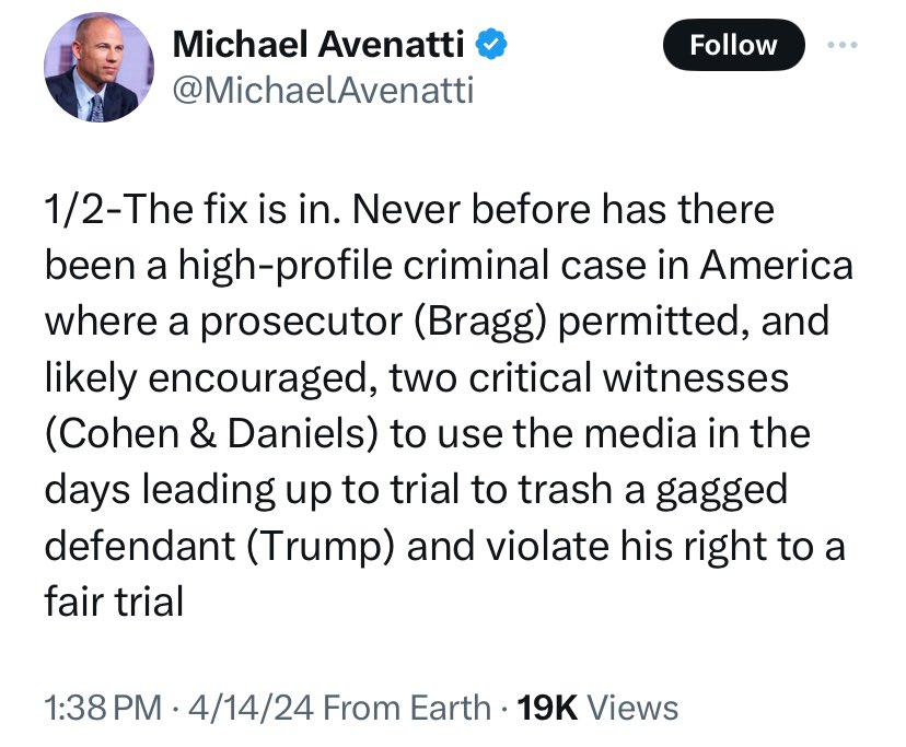 Avenatti just laid into Alvin Bragg, Michael Cohen, and Stormy Daniels AGAIN. Would be interesting if he testifies (yes, he can), and blows up an already weak case. He has as much credibility as Bragg’s star witness, Michael Cohen — a convicted felon.