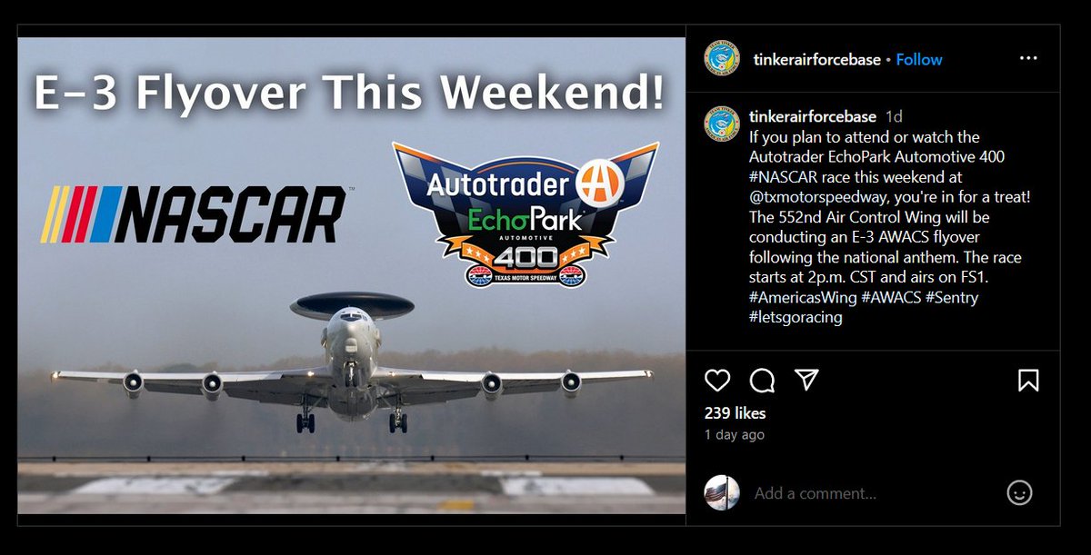 Awesome! The #Flyover for todays #Nascar race at #TexasMotorSpeedway #AutotraderEchoPark400 is supposed to be an #E3 #Awacs from #Tinker!!