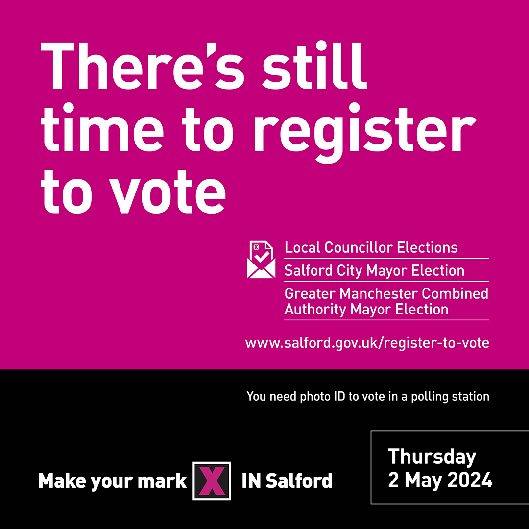 New to #Salford or moved house recently? You'll need to re-register at your new address by midnight Tuesday 16 April to vote in the mayoral and local elections on 2 May. The url with more details is in the graphic.#LocalElections #GMElects