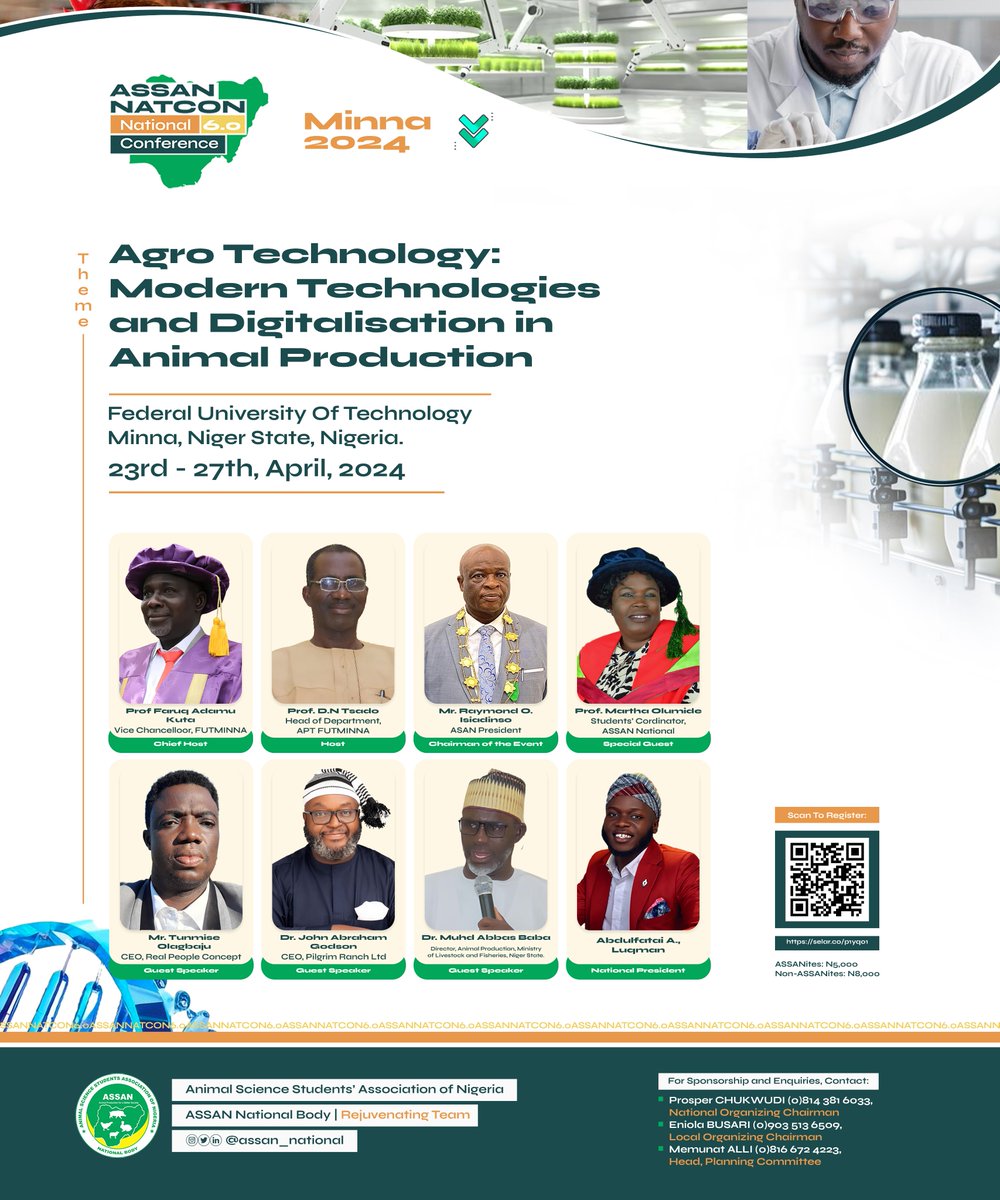 Join us at the ASSAN National Conference 6.0 at the Federal University of Technology, Minna, where academic scholars, researchers, and industry experts showcase the latest technological advancements in animal production. 

See you there!
#assannatcon #animalscience #livestock