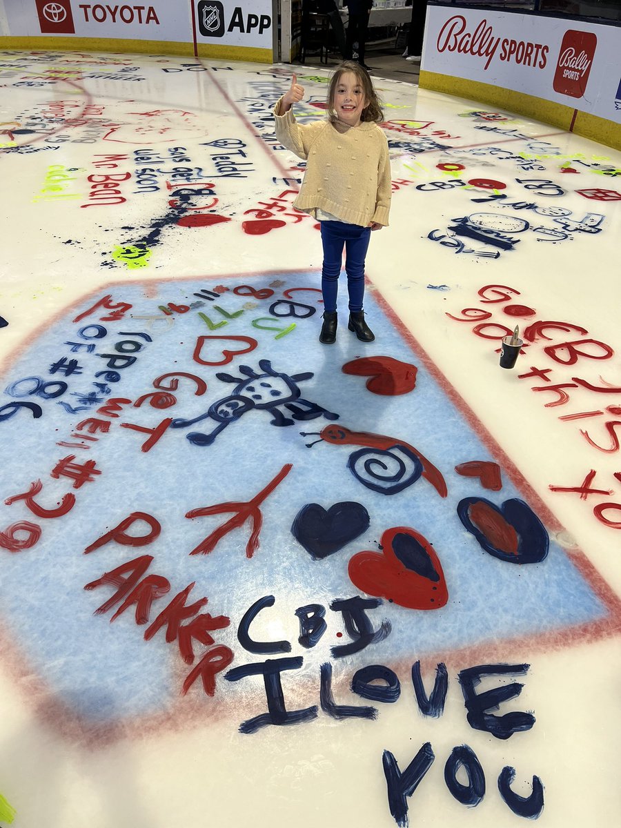 DarrenShulman's tweet photo. How cool is it that Parker and I got to paint this masterpiece in the goalie crease on the ice at @NationwideArena?  Thanks to the @BlueJacketsNHL for putting on this #CBJSTH event! #CBJ https://t.co/WNKYW2sMRk