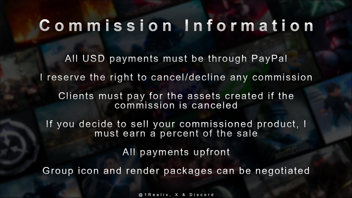 New commission sheet featuring adjusted prices.

Other full-resolution work can be found in my portfolio: realix.artstation.com

Community Server: discord.gg/A5qEryaVP8

#RobloxDev #RobloxGFX #Roblox #robloxart #RobloxCommissions