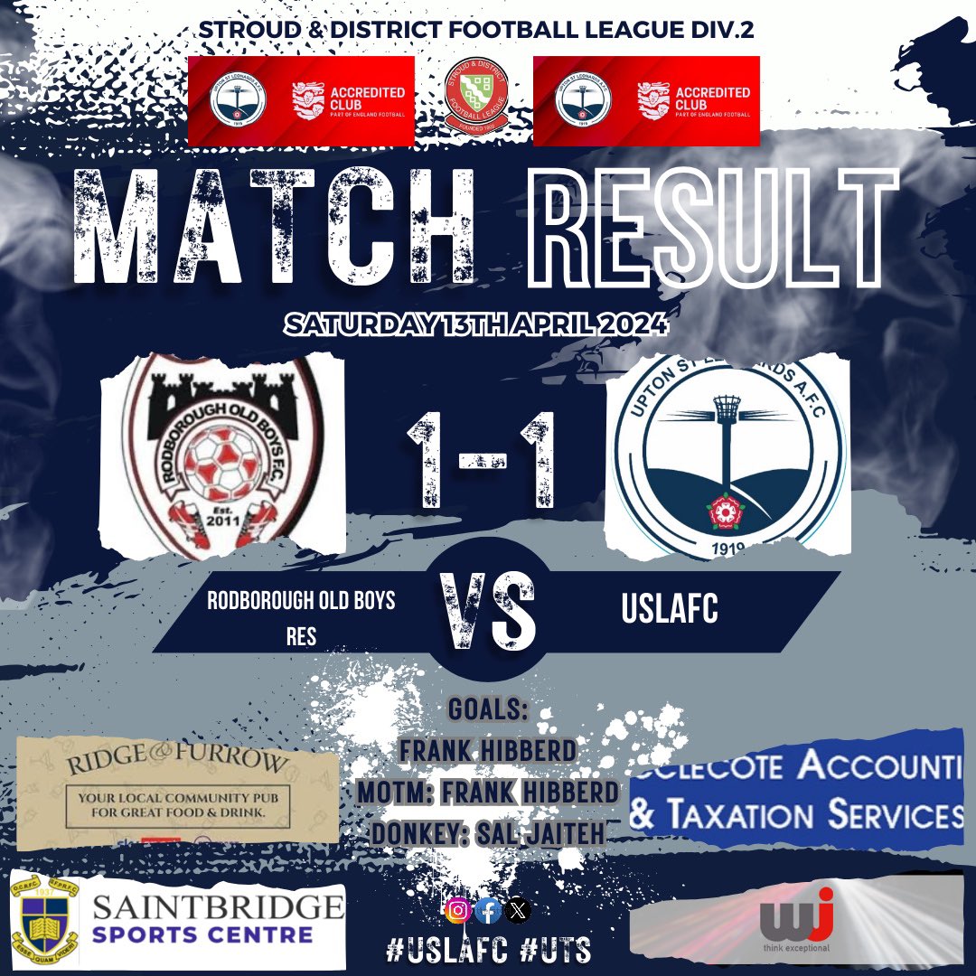 USL_AFC's tweet photo. Yesterdays Match Results:
USLAFC 1st 
🆚 @R_OB_FC Res
🥅 1-1 Draw 
⚽️ @Stroud_League Div.2 

USLAFC Res
🆚@BossFC2016 
🥅0-2 Loss
⚽️@Stroud_League Div.4 (North) 
Good luck to @BossFC2016 who now progress to the Division play offs, Goof luck lads 
🔵⚪️#USLAFC #UTS #FaAccredited https://t.co/5NdMEJdFO7