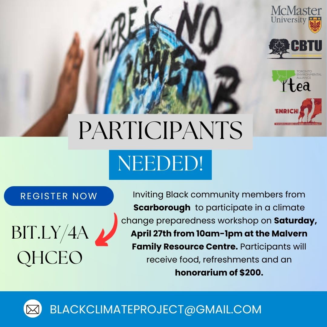 Are you a Black resident of Scarborough? If you are interested in participating in a workshop on climate change preparedness in Black communities on Saturday, April 27 in Scarborough, please sign up. $200 honorarium/catered meal. Please sign up: : bit.ly/4aQHceo