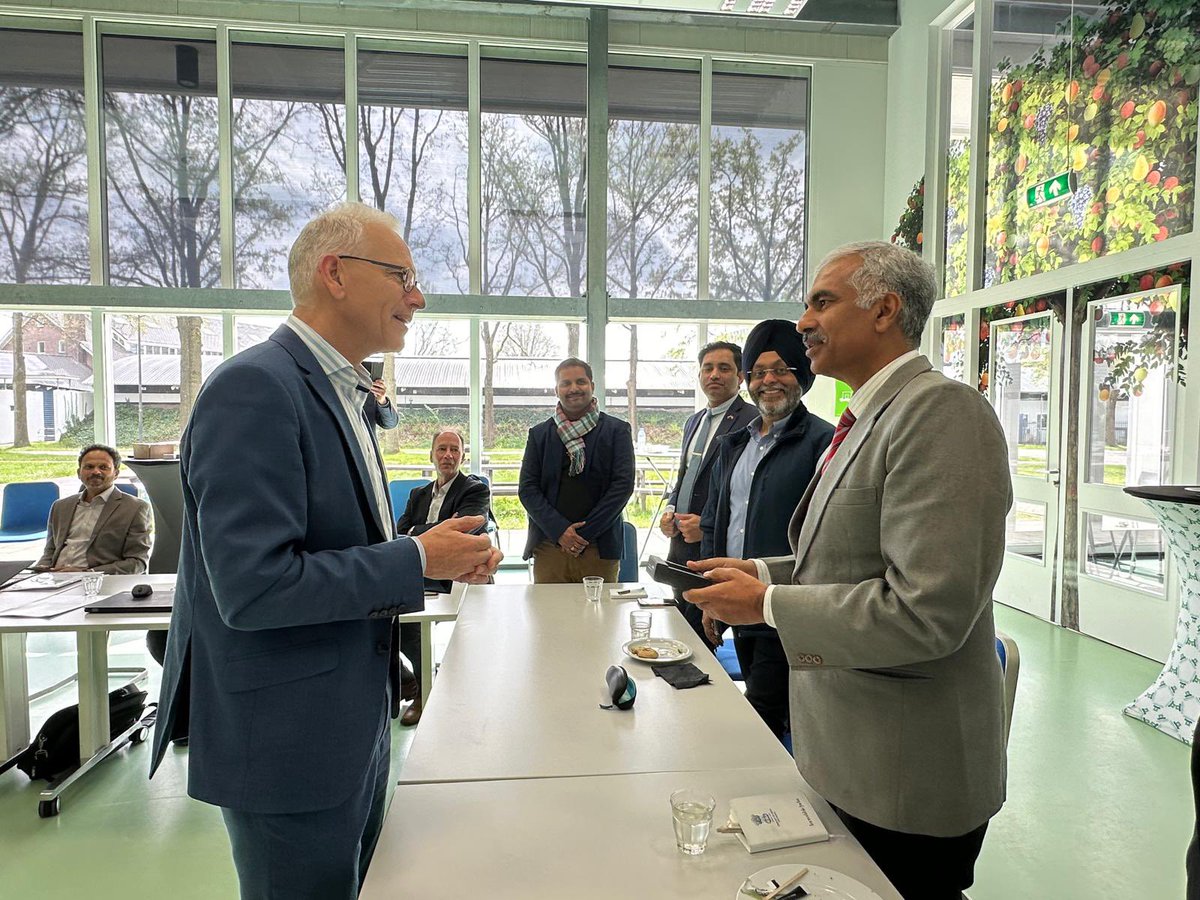 Indian delegation led by <a href="/SecyAgriGoI/">Manoj Ahuja</a> visited Wageningen Food &amp; Biobased Research <a href="/WUR/">Wageningen U&R</a> &amp; discussed cooperation in cold chain development, joint research &amp; capacity building in agriculture. 
<a href="/AgriGoI/">Agriculture INDIA</a> <a href="/Horti_GoI/">National Horticulture Board</a> <a href="/MEAIndia/">Randhir Jaiswal</a> <a href="/IndianDiplomacy/">Indian Diplomacy</a>