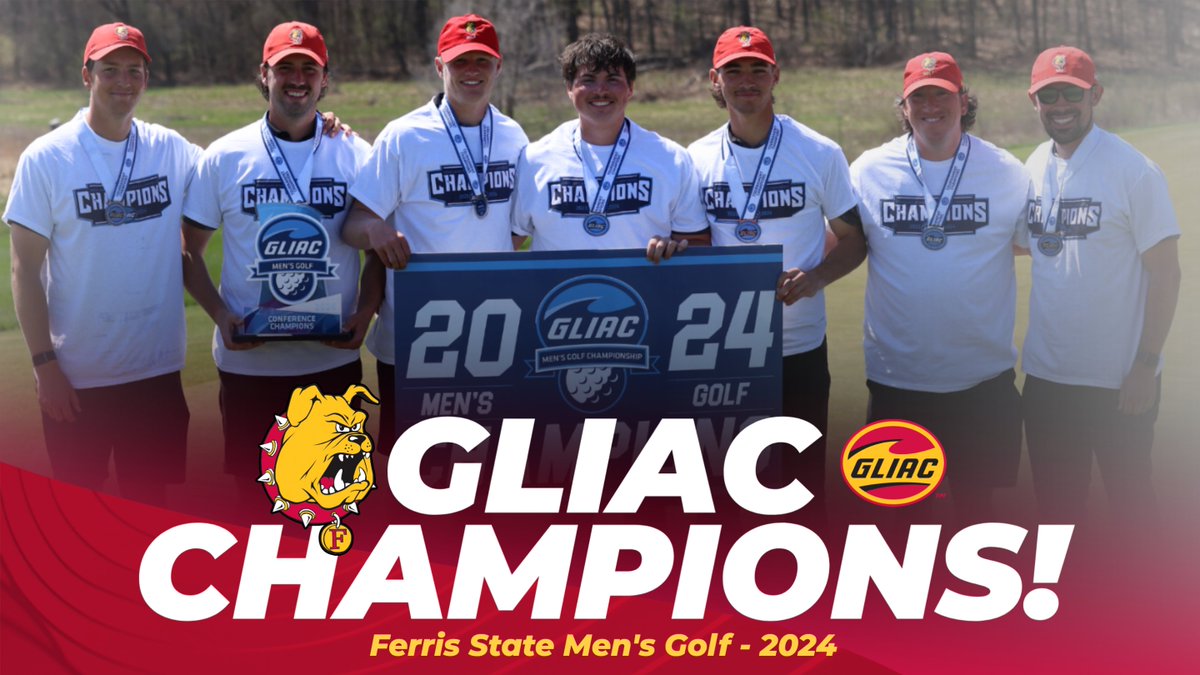 ferrisathletics's tweet photo. GLIAC CHAMPIONS! Congrats to Ferris State men's golf for winning the program's 22nd GLIAC Championship today! The 'Dawgs beat rival GVSU in the tourney finals! Go Bulldogs! @FerrisStateGolf https://t.co/LKVNWORQrY
