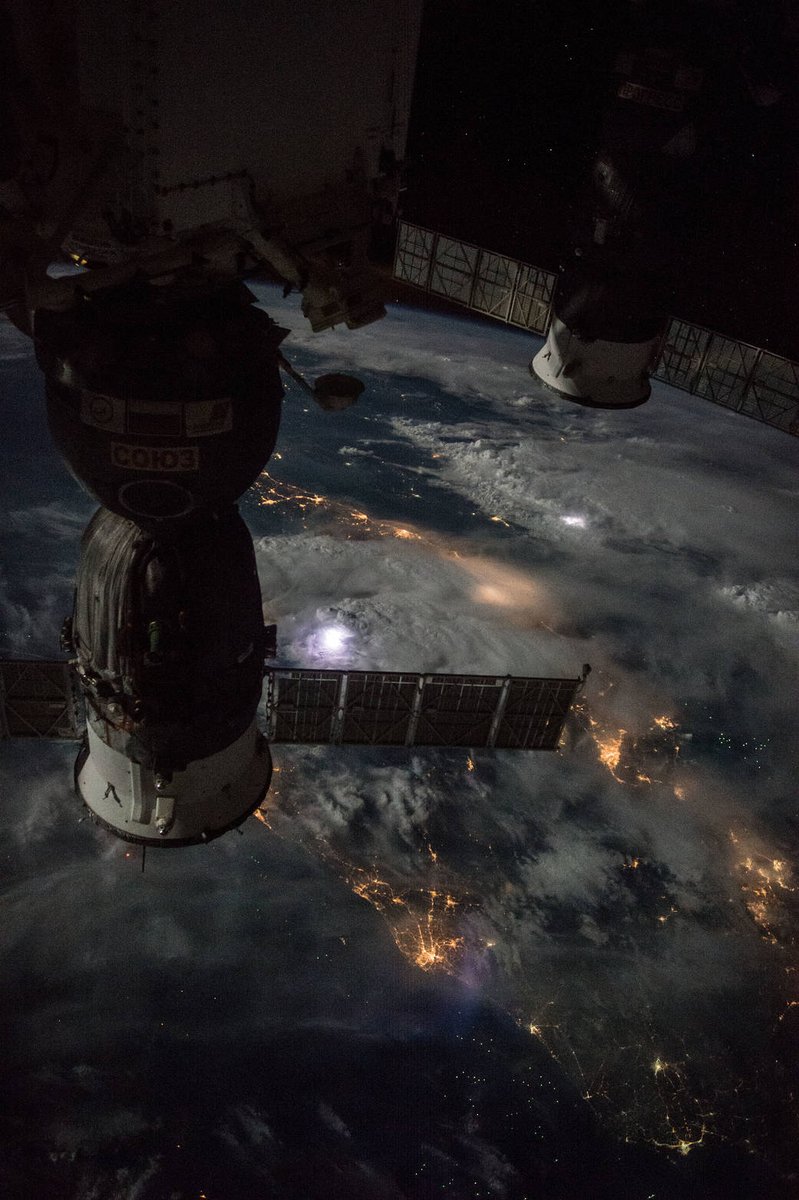 Earth during a stormy night as seen from the International Space Station.