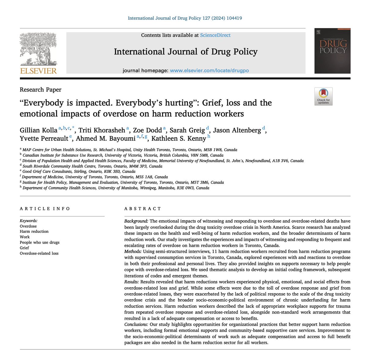 “Everybody is impacted. Everybody's hurting”: Grief, loss and the emotional impacts of overdose on harm reduction workers' by @GillianKolla et al (2024) via @ijdrugpolicy...how is your community dealing with grief in regards to the overdose crisis? LInk: sciencedirect.com/science/articl…