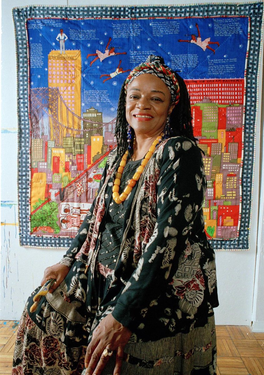 (Photo by Kathy Willens/AP) Artist Faith Ringgold sits before her quilt 'Tar Beach' in 1993. npr.org/2024/04/13/685…