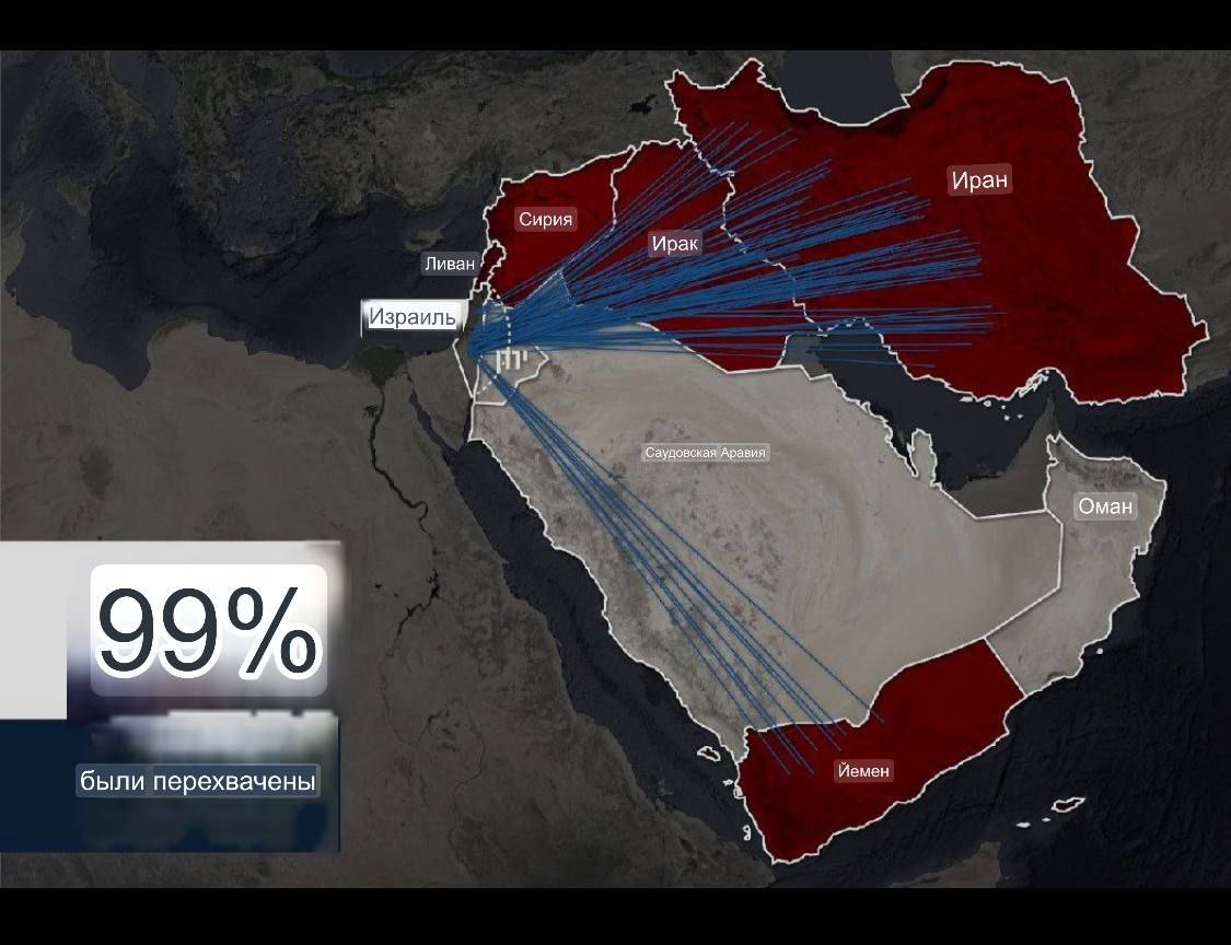 ⚡️ ЦАХАЛ предоставил инфографику на который видно откуда были запуски ракет и дронов при атаке Ирана.