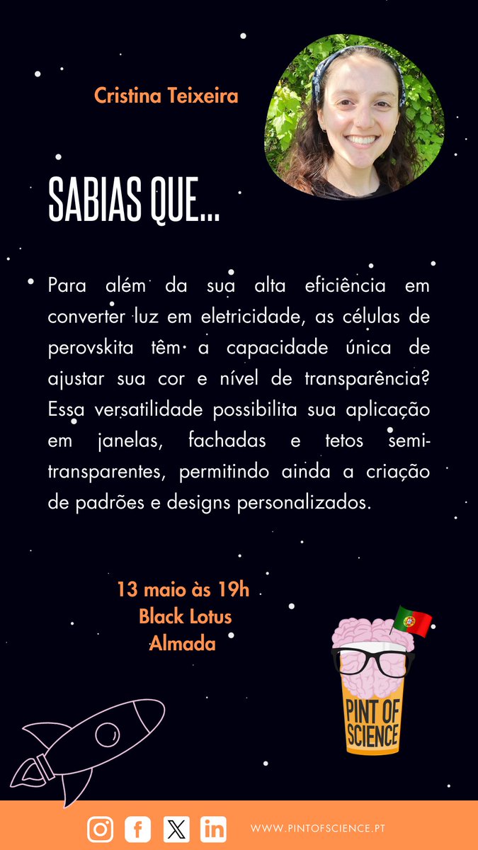 Descobre o poder do mineral perovskita na energia solar com a Cristina Teixeira dia 13 de maio, no Black Lotus em Almada!

#pintworld #pintofscience #pintofscienceportugal #pint24 #portugal #almada