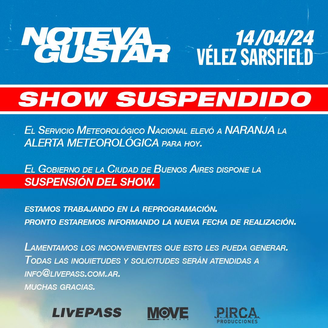ntvgoficial's tweet photo. SHOW SUSPENDIDO

El Servicio Meteorológico Nacional elevó a NARANJA la ALERTA METEOROLÓGICA para hoy. 
El Gobierno de la Ciudad de Buenos Aires dispone la SUSPENSIÓN DEL SHOW. 

Estamos trabajando en la REPROGRAMACIÓN. PRONTO ESTAREMOS INFORMANDO LA NUEVA FECHA DE REALIZACIÓN. https://t.co/8JhLDaf0Bj