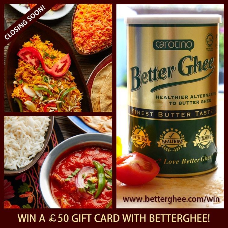 Closing tomorrow... our fab #giveaway for the chance to #win a £50 Morrisons gift card with delicious Carotino BetterGhee, the healthier, low cost butter ghee alternative! Great for making tasty South Asian food! Enter now at betterghee.com/win #competition #competitiontime