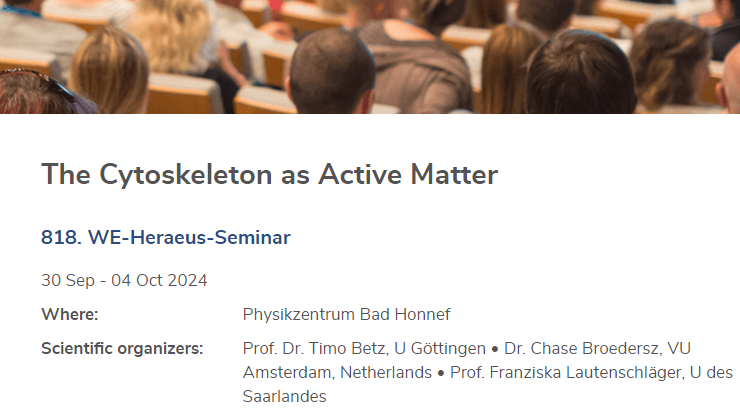 Amazing Seminar alert🥳! This fall we organize an amazing meeting on cytoskeleton as an active material in the beautiful location of Bad Honnef. We have 28 outstanding speakers (check here: we-heraeus-stiftung.de/veranstaltunge…), and 80 slots for participants. Please retweet 😎.