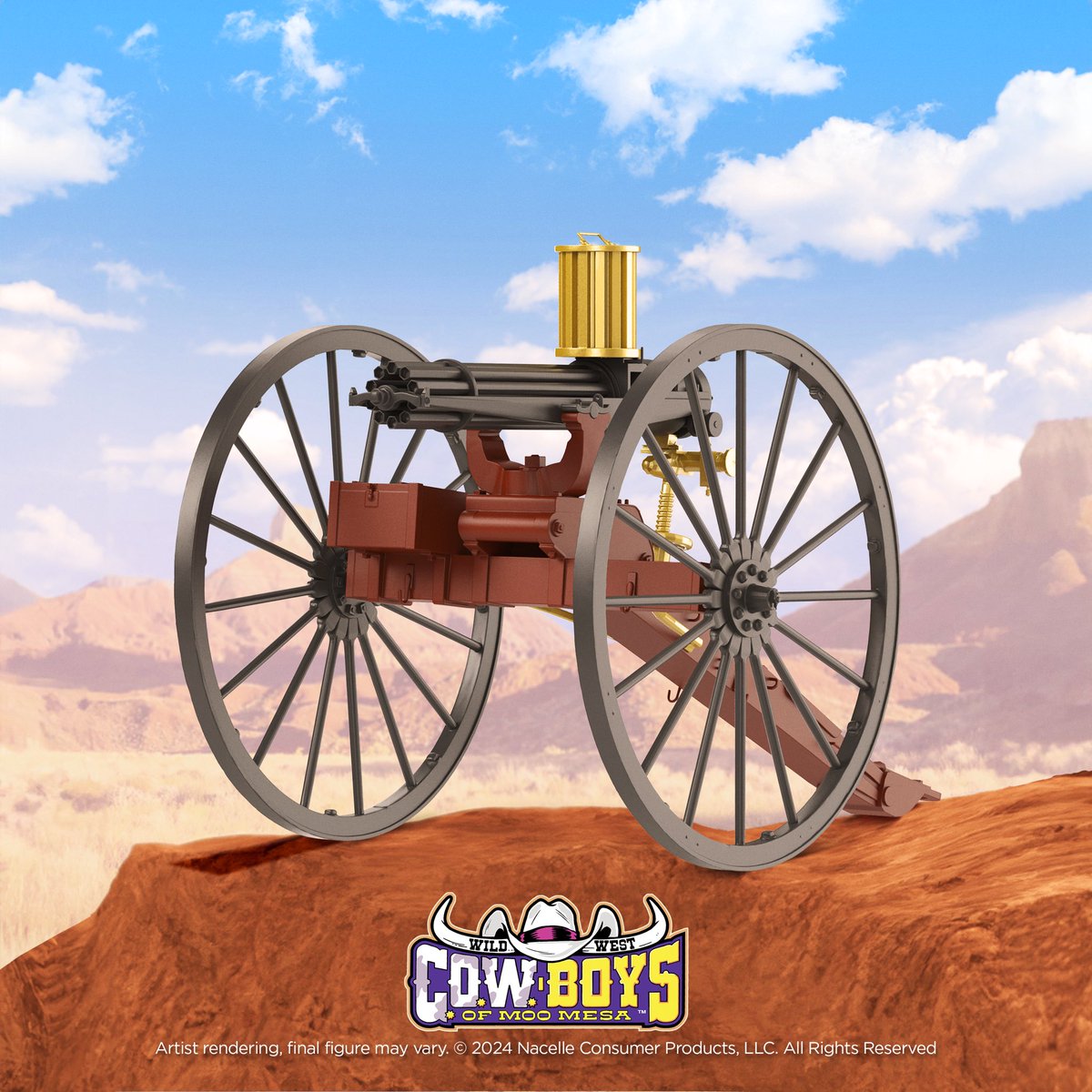 Locked, Loaded & Unstoppa-Bull… Stay tuned tomorrow for more sneak peeks of our upcoming Wild West C.O.W.-Boys of Moo Mesa action figures that drop for pre-order April 23 on NacelleStore.com. #nacelle #actionfigures #cowboysofmoomesa #gatlinggun