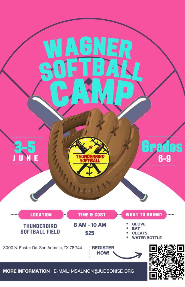 ‼️Wagner Softball Camp ‼️ Mark your calendars as it’s coming up fast!! We can’t wait to meet our future Tbirds 🥎❤️🖤 @JISD_ATHLETICS @LTBAthletics @THUNDERBIRDNAT1