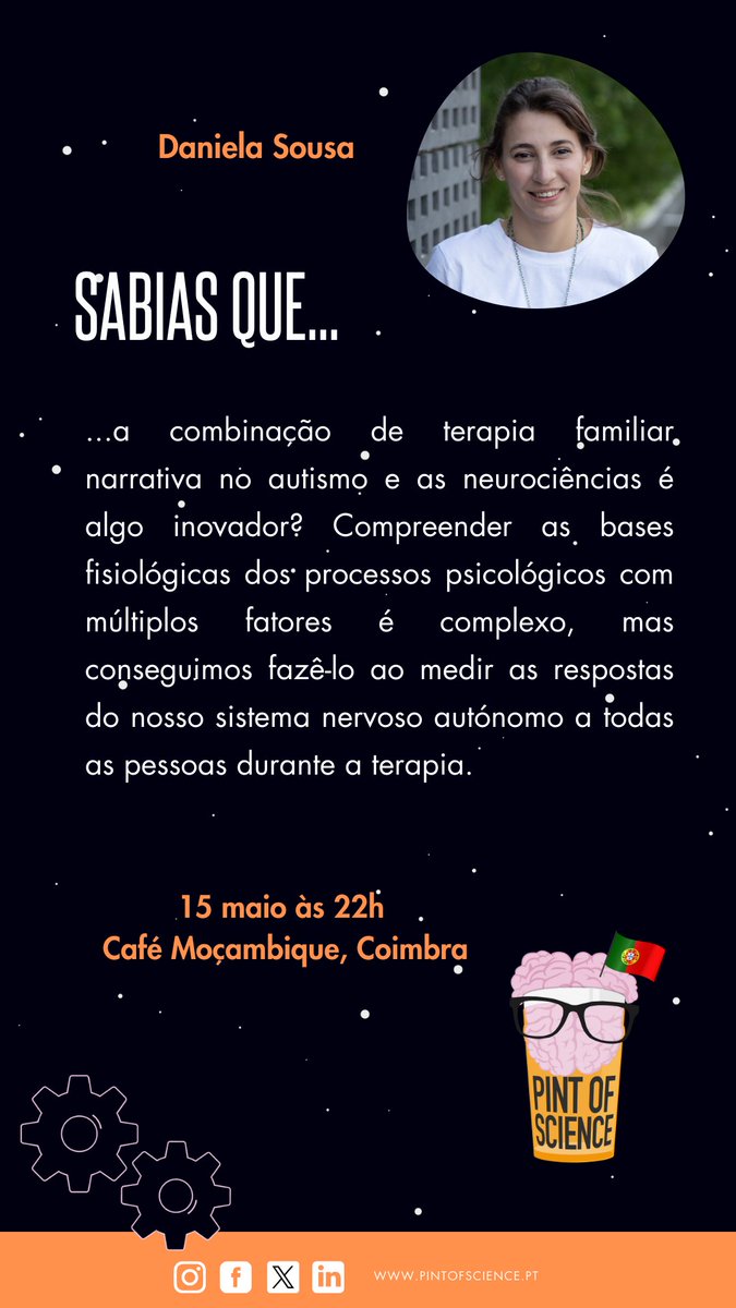 15 maio às 22h, no Café Moçambique, Daniela Sousa, que é uma 'Cabecinha Pensadora', vai falar da terapia familiar narrativa no espectro do autismo. 🧠

@NarraAs 
@Daniela95143716 

#pintworld #pintofscience #pintofscienceportugal #pint24 #portugal #coimbra