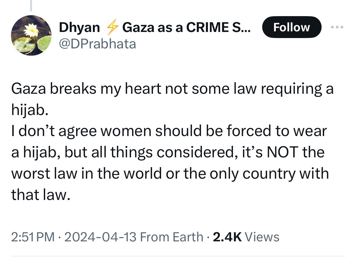 Good to know a law that subjugates & dehumanizes women as second class citizens with no autonomy, a law for which women are assaulted, raped, imprisoned & murdered isn’t the worst law for this random person! If only we were as human to you as Gaza. #EndGenderApartheid
#NoToHijab