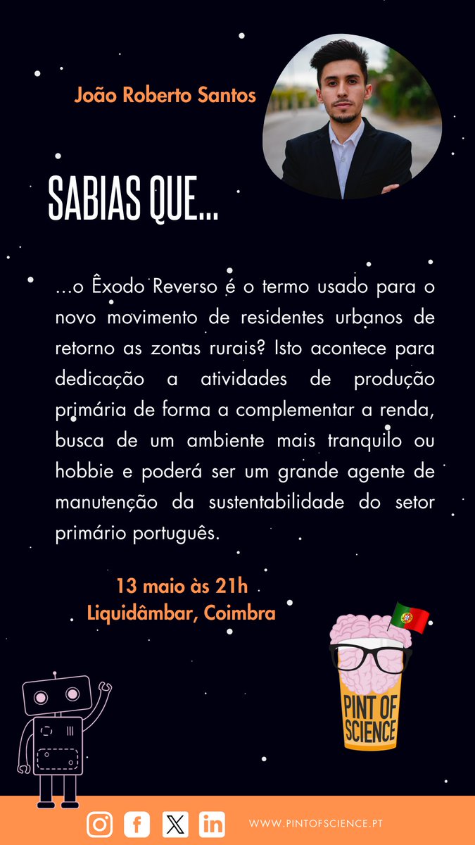 13 de maio às 21h no Liquidâmbar, João Roberto Santos vai 'ter muita lata' a falar sobre Perspetivas de Sustentabilidade🌾🍞

#pintworld #pintofscience #pintofscienceportugal #pint24 #portugal #coimbra