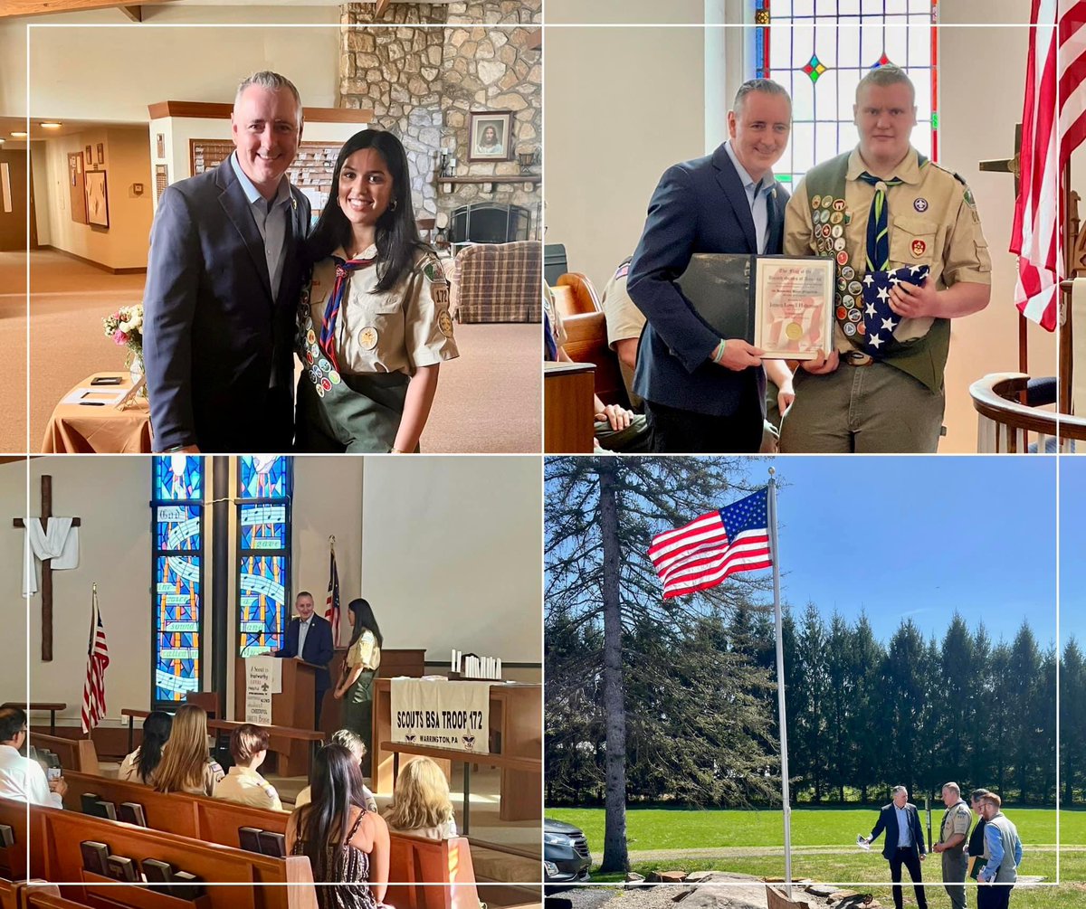 Great to join Jayson Halteman of Troop 007 and Aadya Gattu of Troop 172G today as they celebrated the outstanding achievement of becoming Eagle Scouts! For Jayson's project, he installed a flagpole at St. Paul's Evangelical Lutheran Church in Quakertown and even partnered with a…