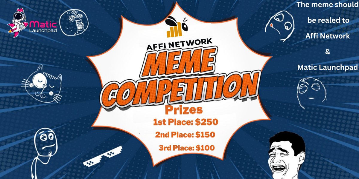 MetavLaunchpad1's tweet photo. 🐸MEME CONTEST For @Affi_Network 
We are excited to announce meme contest has started. 👑Let the🃏MEME contest Begin!!💃
Lets enjoy creativity and the best meme Win !
Rewards🎁
1st $250
2nd $150
3rd $100
Make your MEME. Then Fill in the form: 👉https://t.co/dmfuxfsNYH https://t.co/2D3jC2ulxU