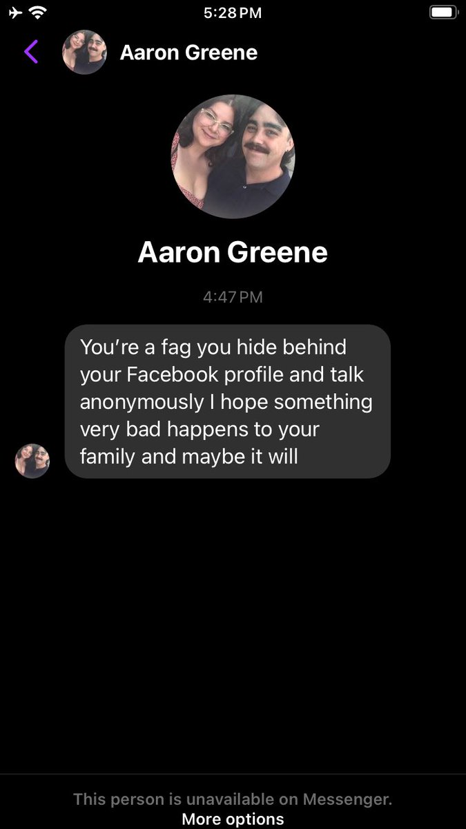 Random hate mail from some creepy Douche. No report method on messenger. Must have triggered the Qanon/Flather.