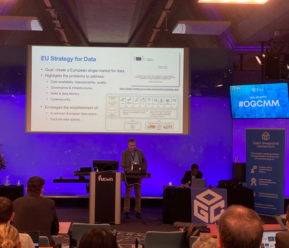 JordiEscriu's tweet image. Very proud of opening the Europe Forum at the 128 #OGCMM with my talk 'Next-generation data sharing: from SDIs to European Data spaces' on behalf of @EU_ScienceHub (26 March). 
Thanks @opengeospatial and @TU_Delft for this wonderful event!
#EUDataSpace #DigitalEU